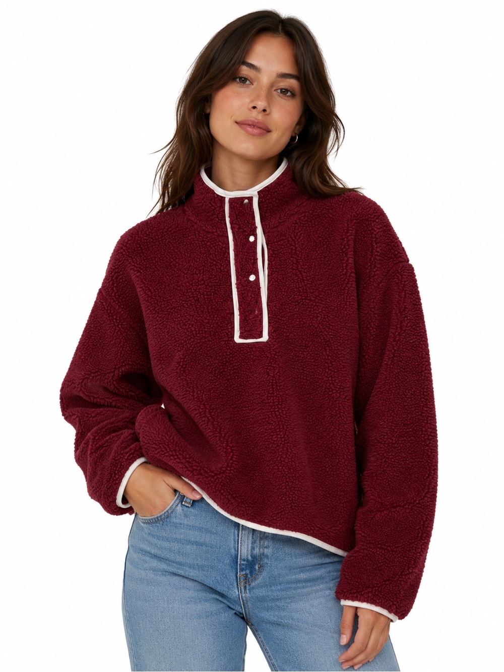 Parke Pullover Fleece Sherpa 1/4 Snap Button Neck Burgundy S/M